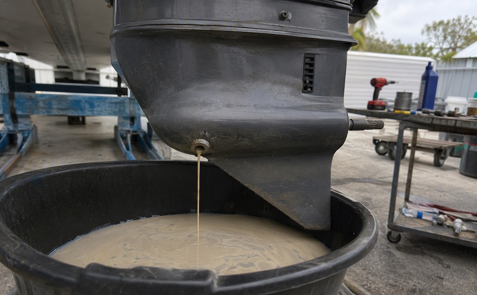 Milky gear lube showing water in an outboard lower unit