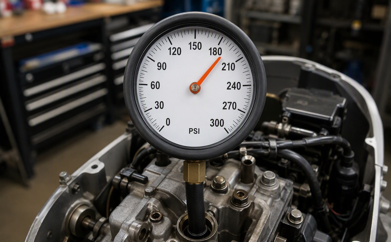 Compression gauge reading taken from an outboard cylinder