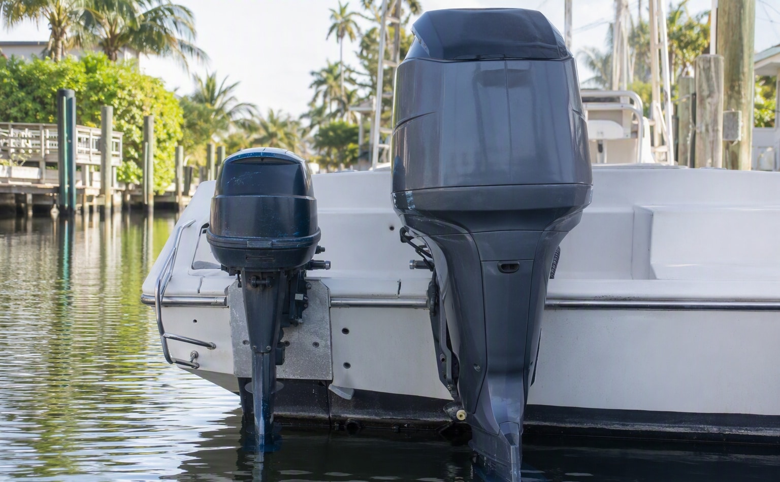 Two stroke and four stroke outboards side by side on a transom