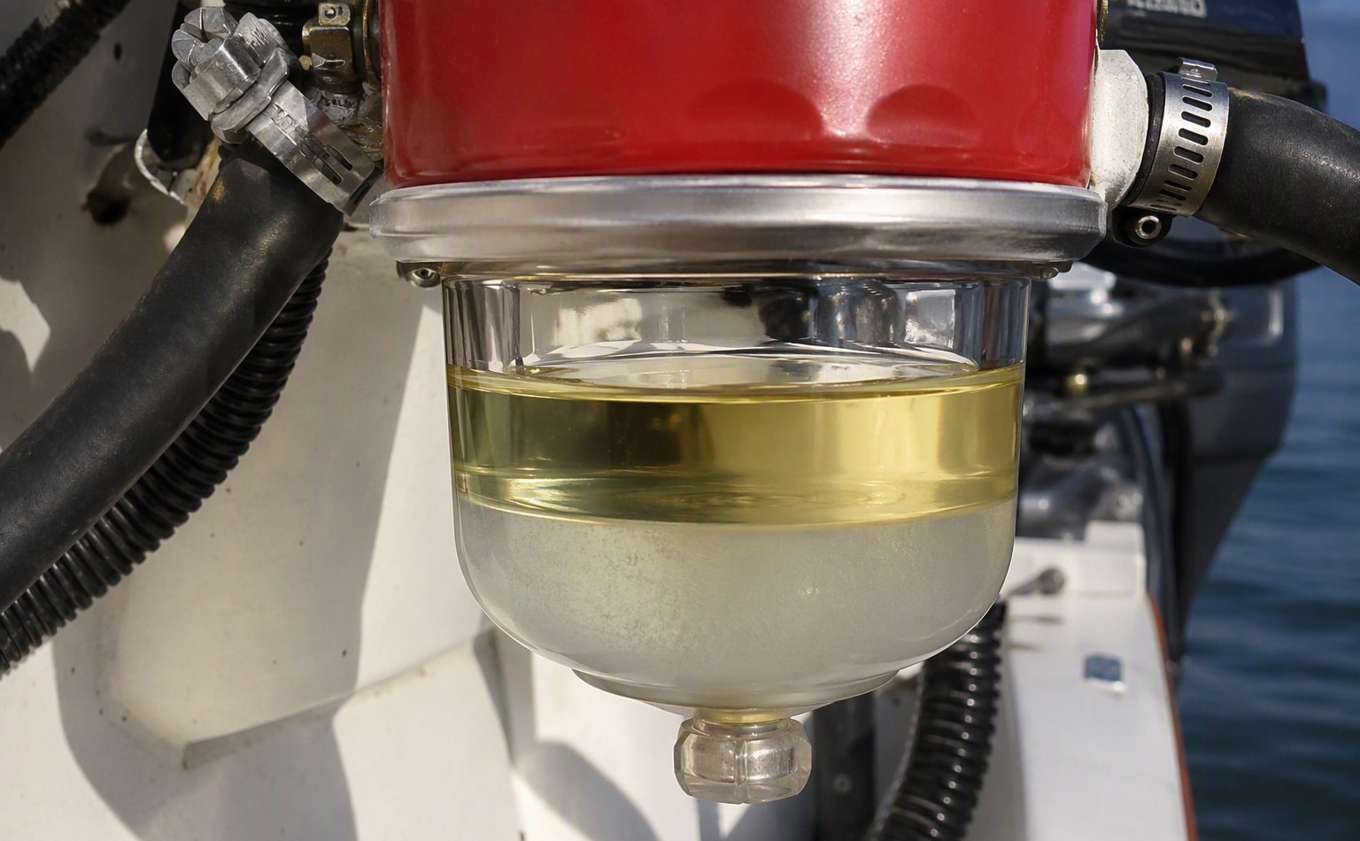 Water collected in a boat fuel separator bowl